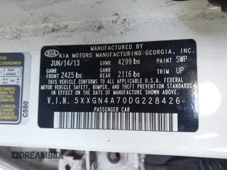 2013 Kia Optima EX with VIN 5XXGN4A70DG228426, listed as a IAAI auction lot 41498343 with 146,592 mi miles. Bid and sale history available at carsss.com. Image 9.