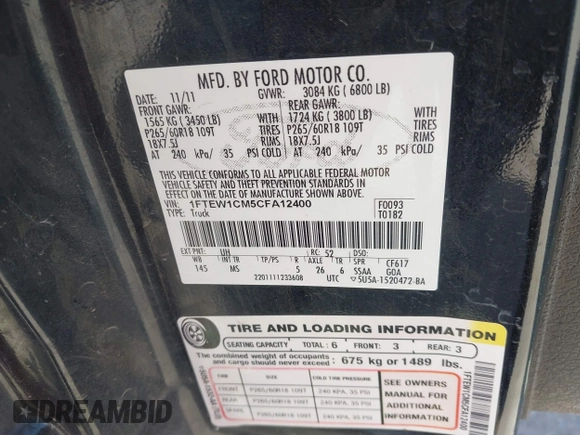 2012 Ford F-150 XL with VIN 1FTEW1CM5CFA12400, listed as a IAAI auction lot 42041739 with 175,047 mi miles. Bid and sale history available at carsss.com. Image 9.