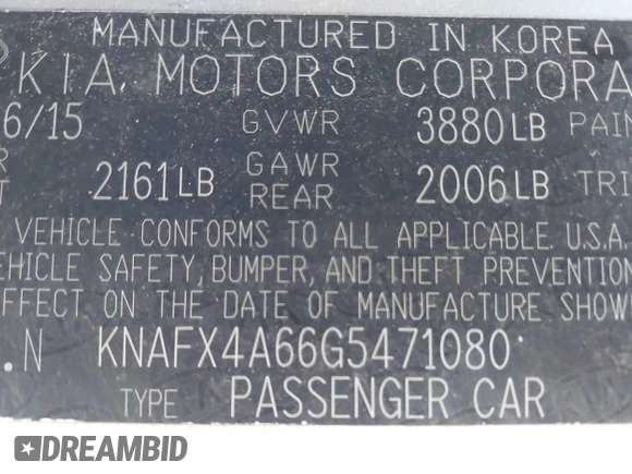 2016 Kia Forte LX with VIN KNAFX4A66G5471080, listed as a IAAI auction lot 41812751 with 57,686 mi miles. Bid and sale history available at carsss.com. Image 9.