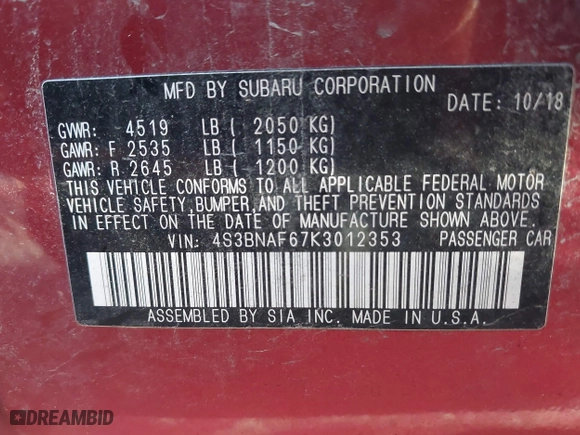 2019 Subaru Legacy Premium with VIN 4S3BNAF67K3012353, listed as a IAAI auction lot 41352781 with 122,195 mi miles. Bid and sale history available at carsss.com. Image 9.