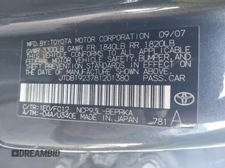 2008 Toyota Yaris with VIN JTDBT923781201380, listed as a IAAI auction lot 42043886 with 1 mi miles. Bid and sale history available at carsss.com. Image 9.