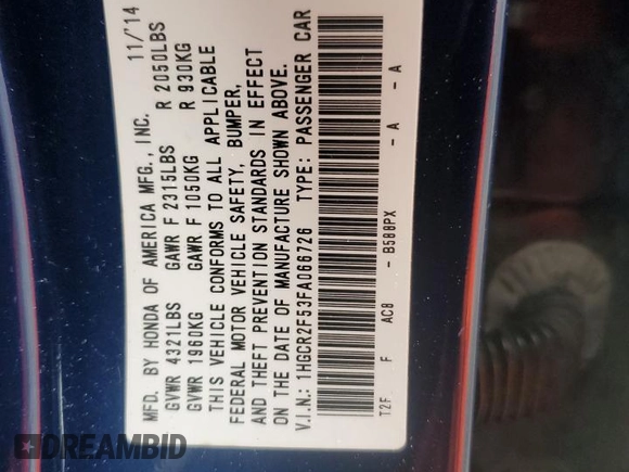 2015 Honda Accord Sport with VIN 1HGCR2F53FA066726, listed as a Copart auction lot 44720145 with 249,323 mi miles and Salvage Title. Bid and sale history available at DreamBid. Image 12.
