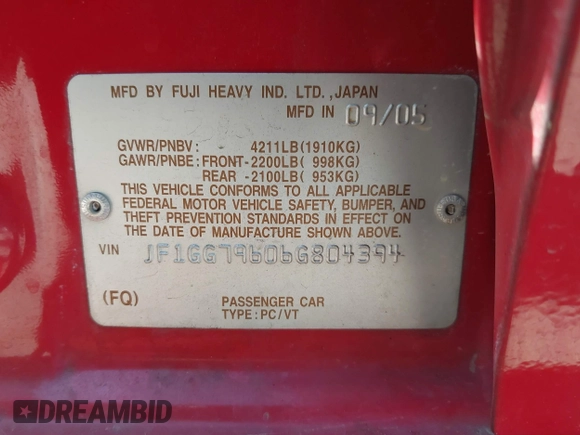 2006 Subaru Impreza WRX с VIN JF1GG79606G804394, выставлен на аукционе IAAI как лот 42332508 с пробегом 164 163 миль миль и . История ставок и продаж доступна на DreamBid. Изображение 9.