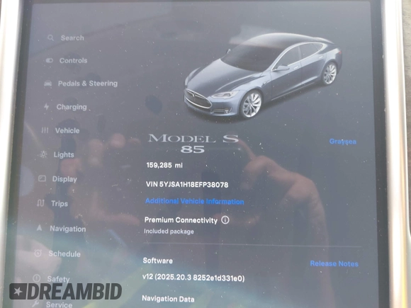 2014 Tesla Model S 60 with VIN 5YJSA1H18EFP38078, listed as a IAAI auction lot 42748619 with 159,285 mi miles and . Bid and sale history available at DreamBid. Image 7.