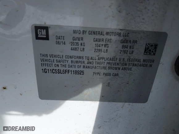 2015 Chevrolet Malibu LT with VIN 1G11C5SL6FF118925, listed as a IAAI auction lot 41769255 with 236,705 mi miles. Bid and sale history available at carsss.com. Image 9.