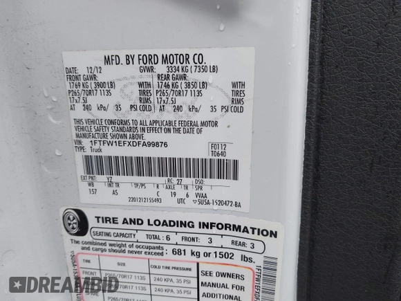 2013 Ford F-150 XL with VIN 1FTFW1EFXDFA99876, listed as a IAAI auction lot 41859370 with 248,683 mi miles and . Bid and sale history available at DreamBid. Image 9.
