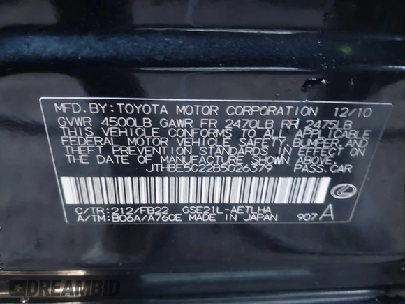 2011 Lexus IS with VIN JTHBE5C22B5026379, listed as a IAAI auction lot 41417759 with 143,063 mi miles. Bid and sale history available at carsss.com. Image 9.