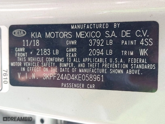2019 Kia Forte FE with VIN 3KPF24AD4KE058961, listed as a IAAI auction lot 39991284 with NaN miles. Bid and sale history available at carsss.com. Image 9.