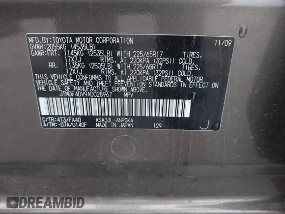 2010 Toyota RAV4 Limited with VIN JTMDF4DV9AD028967, listed as a IAAI auction lot 42558996 with 113,237 mi miles and . Bid and sale history available at DreamBid. Image 9.