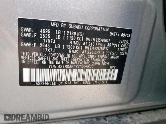 2019 Subaru Outback Premium with VIN 4S4BSAFCXK3228577, listed as a Copart auction lot 58441295 with 63,844 mi miles and Salvage title. Bid and sale history available at DreamBid. Image 13.