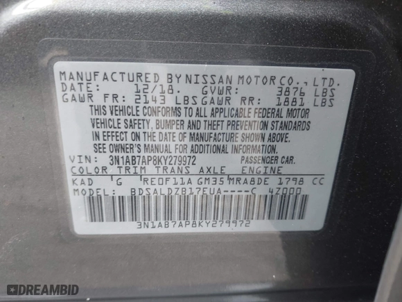 2019 Nissan Sentra SR with VIN 3N1AB7AP8KY279972, listed as a IAAI auction lot 41567353 with 60,652 mi miles. Bid and sale history available at carsss.com. Image 9.