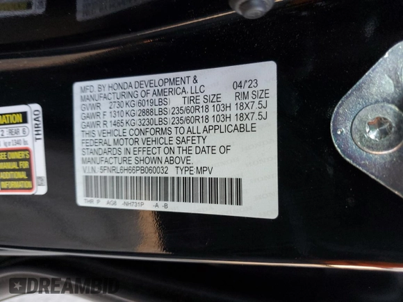 2023 Honda Odyssey EX-L with VIN 5FNRL6H66PB060032, listed as a Copart auction lot 83077304 with 15,169 mi miles and Salvage Title. Bid and sale history available at carsss.com. Image 13.