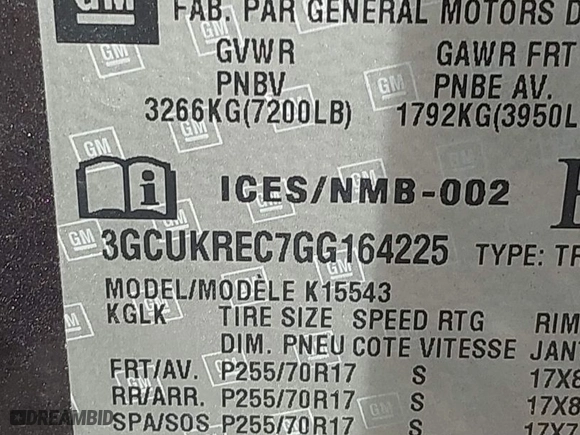 2016 Chevrolet Silverado 1500 LT with VIN 3GCUKREC7GG164225, listed as a IAAI auction lot 40288348 with 162,672 mi miles. Bid and sale history available at carsss.com. Image 9.