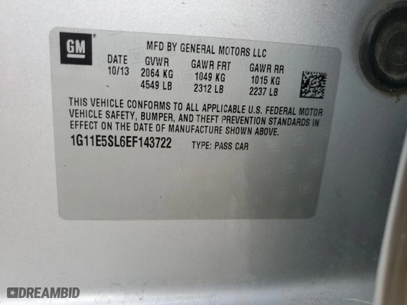 2014 Chevrolet Malibu LT with VIN 1G11E5SL6EF143722, listed as a Copart auction lot 50490015 with 238,567 mi miles and Salvage Title. Bid and sale history available at carsss.com. Image 12.