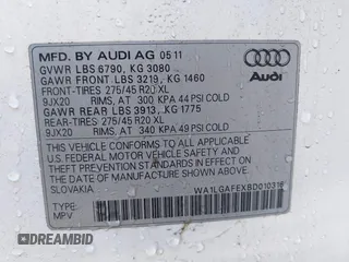 2011 Audi Q7 Premium Plus z VIN WA1LGAFEXBD010316, wystawiony jako IAAI lot #41407240 z przebiegiem 138 742 mil mil oraz . Historia ofert i sprzedaży dostępna na DreamBid. Obrazek 9.