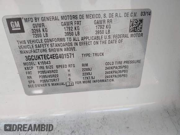 2014 Chevrolet Silverado 1500 High Country with VIN 3GCUKTEC4EG401571, listed as a IAAI auction lot 41984349 with 104,221 mi miles and . Bid and sale history available at DreamBid. Image 9.