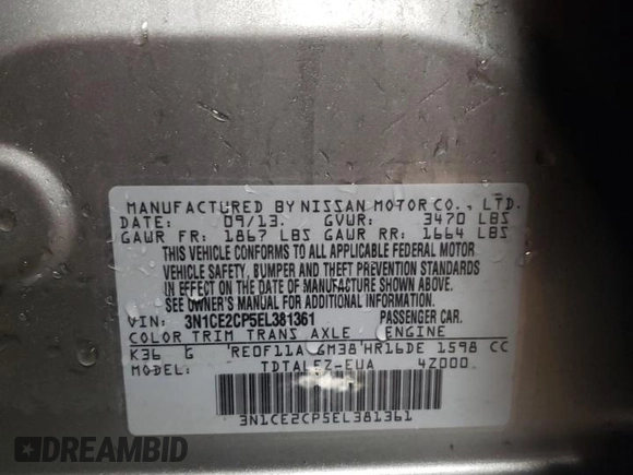 2014 Nissan Note SV with VIN 3N1CE2CP5EL381361, listed as a Copart auction lot 52194555 with 30,329 mi miles and Salvage Title. Bid and sale history available at DreamBid. Image 12.