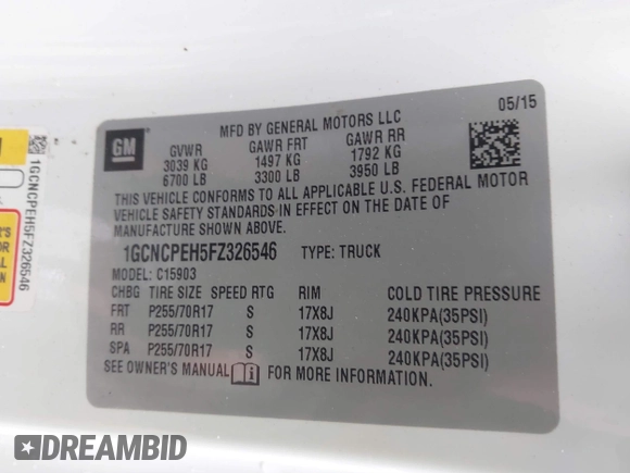 2015 Chevrolet Silverado 1500 Work Truck with VIN 1GCNCPEH5FZ326546, listed as a IAAI auction lot 41554204 with 27,053 mi miles and . Bid and sale history available at DreamBid. Image 9.