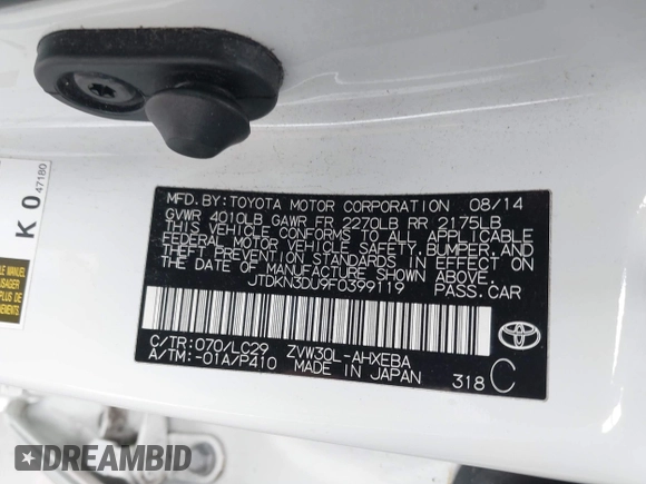 2015 Toyota Prius Four with VIN JTDKN3DU9F0399119, listed as a IAAI auction lot 42068084 with 1 mi miles. Bid and sale history available at carsss.com. Image 9.