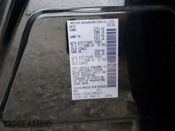 2016 Nissan Pathfinder Platinum with VIN 5N1AR2MN2GC644860, listed as a Copart auction lot 80128544 with 110,940 mi miles and Salvage Title. Bid and sale history available at carsss.com. Image 16.