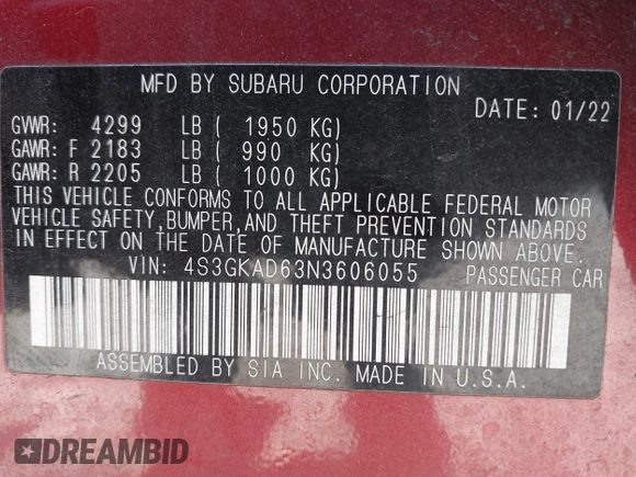 2022 Subaru Impreza Premium with VIN 4S3GKAD63N3606055, listed as a IAAI auction lot 41787174 with 37,512 mi miles and . Bid and sale history available at DreamBid. Image 9.