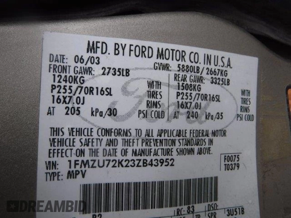 2003 Ford Explorer XLS z VIN 1FMZU72K23ZB43952, wystawiony jako Copart lot #52150285 z przebiegiem 161 828 mil mil oraz Szkody całkowita. Historia ofert i sprzedaży dostępna na DreamBid. Obrazek 12.