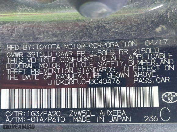 2017 Toyota Prius Two with VIN JTDKBRFU0H3040476, listed as a IAAI auction lot 41863797 with 51,045 mi miles. Bid and sale history available at carsss.com. Image 9.