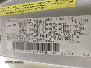 2013 Toyota Tacoma with VIN 5TFTX4CN3DX027696, listed as a IAAI auction lot 42863093 with 261,096 mi miles and . Bid and sale history available at DreamBid. Image 9.