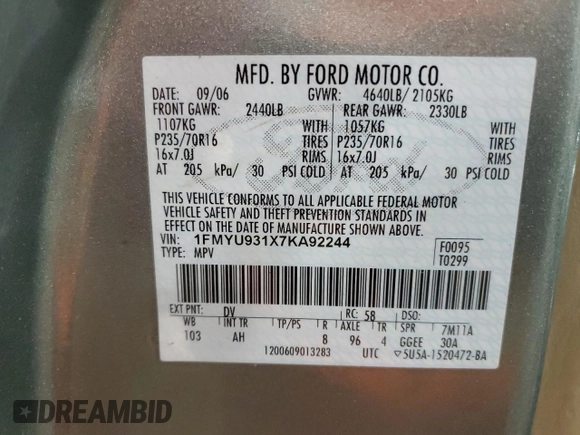 2007 Ford Escape XLT с VIN 1FMYU931X7KA92244, выставлен на аукционе Copart как лот 53557165 с пробегом 177 451 миль миль и Списание • Salvage title. История ставок и продаж доступна на DreamBid. Изображение 13.