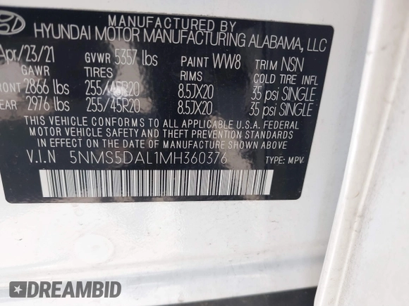 2021 Hyundai Santa Fe Calligraphy with VIN 5NMS5DAL1MH360376, listed as a IAAI auction lot 41395282 with 50,275 mi miles and . Bid and sale history available at DreamBid. Image 9.