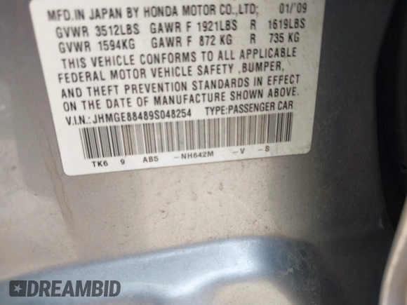 2009 Honda Fit Sport with VIN JHMGE88489S048254, listed as a IAAI auction lot 42173309 with 160,055 mi miles. Bid and sale history available at carsss.com. Image 9.