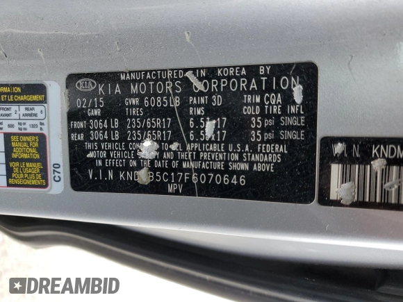 2015 Kia Sedona LX with VIN KNDMB5C17F6070646, listed as a Copart auction lot 56528444 with 231,095 mi miles and Salvage Title. Bid and sale history available at carsss.com. Image 13.