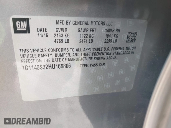 2017 Chevrolet Impala Premier with VIN 1G1145S32HU166806, listed as a IAAI auction lot 42114616 with 235,813 mi miles and . Bid and sale history available at DreamBid. Image 9.