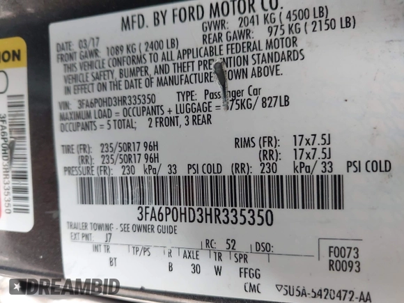 2017 Ford Fusion SE with VIN 3FA6P0HD3HR335350, listed as a IAAI auction lot 42201095 with 165,101 mi miles and . Bid and sale history available at DreamBid. Image 9.