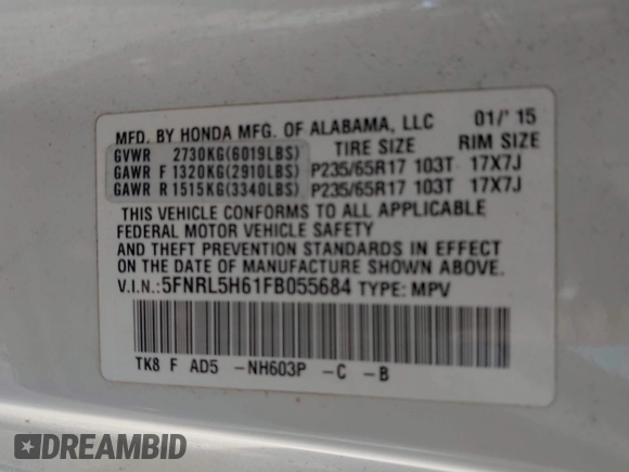 2015 Honda Odyssey EX-L z VIN 5FNRL5H61FB055684, wystawiony jako IAAI lot #42013480 z przebiegiem 221 381 mil mil oraz . Historia ofert i sprzedaży dostępna na DreamBid. Obrazek 9.