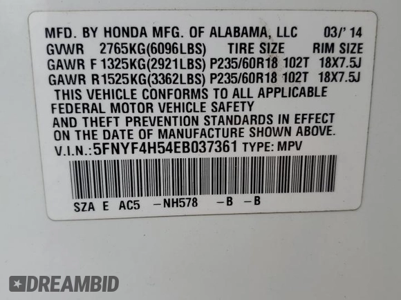 2014 Honda Pilot EX-L with VIN 5FNYF4H54EB037361, listed as a Copart auction lot 51443025 with 181,073 mi miles and Clean Title. Bid and sale history available at DreamBid. Image 13.