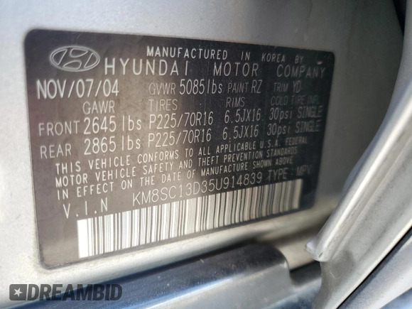 2005 Hyundai Santa Fe GLS z VIN KM8SC13D35U914839, wystawiony jako Copart lot #58273155 z przebiegiem 182 907 mil mil oraz Szkoda całkowita • Salvage title. Historia ofert i sprzedaży dostępna na DreamBid. Obrazek 14.