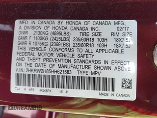 2017 Honda CR-V EX-L with VIN 2HKRW2H85HH621583, listed as a IAAI auction lot 41917850 with 62,070 mi miles. Bid and sale history available at carsss.com. Image 9.