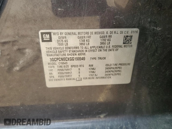 2016 Chevrolet Silverado 1500 Work Truck with VIN 3GCPCNECXGG190949, listed as a Copart auction lot 83014704 with 177,882 mi miles and Salvage Title. Bid and sale history available at DreamBid. Image 12.