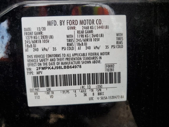 2020 Ford Edge SEL with VIN 2FMPK4J98LBB64978, listed as a Copart auction lot 51261405 with 68,159 mi miles and Salvage Title. Bid and sale history available at carsss.com. Image 14.
