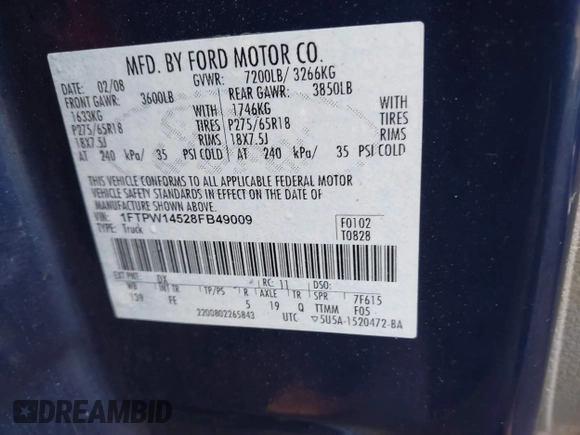 2008 Ford F-150 XLT with VIN 1FTPW14528FB49009, listed as a IAAI auction lot 41795307 with 147,334 mi miles and . Bid and sale history available at DreamBid. Image 9.
