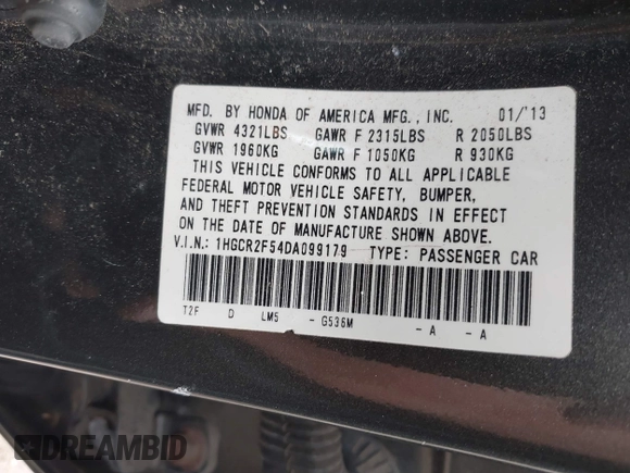 2013 Honda Accord Sport with VIN 1HGCR2F54DA099179, listed as a IAAI auction lot 42058836 with 201,492 mi miles and . Bid and sale history available at DreamBid. Image 9.