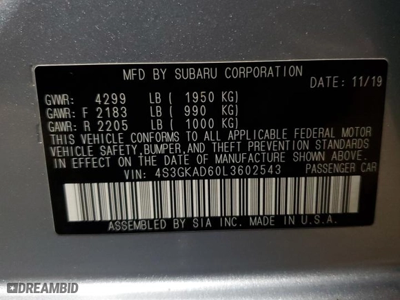 2020 Subaru Impreza Premium with VIN 4S3GKAD60L3602543, listed as a Copart auction lot 42345625 with 76,657 mi miles and Salvage Title. Bid and sale history available at carsss.com. Image 12.
