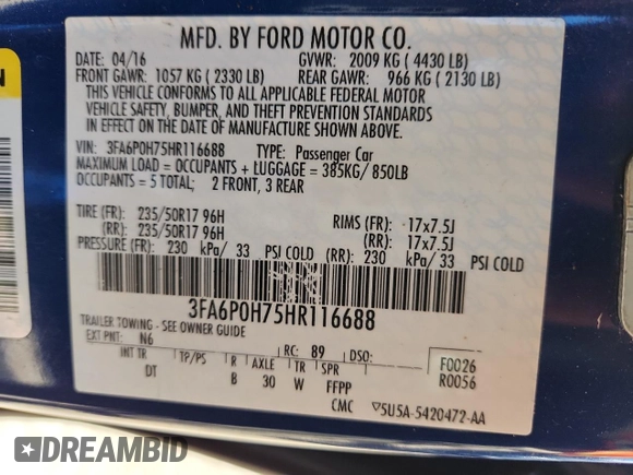 2017 Ford Fusion SE with VIN 3FA6P0H75HR116688, listed as a Copart auction lot 63027265 with 94,996 mi miles and Salvage title. Bid and sale history available at DreamBid. Image 13.