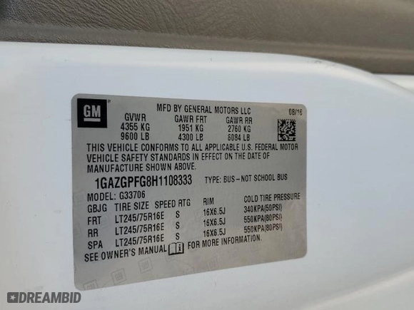 2017 Chevrolet Express Passenger LT with VIN 1GAZGPFG8H1108333, listed as a Copart auction lot 74837784 with 122,035 mi miles and Salvage Title. Bid and sale history available at carsss.com. Image 13.