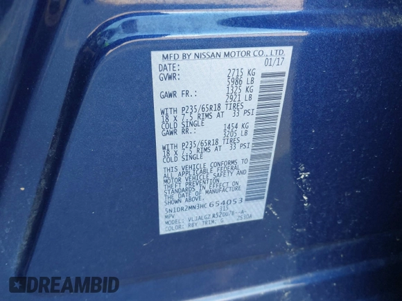 2017 Nissan Pathfinder S with VIN 5N1DR2MN3HC654053, listed as a IAAI auction lot 42059336 with 114,253 mi miles and . Bid and sale history available at DreamBid. Image 9.