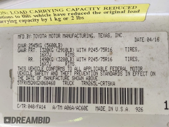 2016 Toyota Tacoma SR with VIN 5TFRX5GNXGX068468, listed as a IAAI auction lot 41844337 with 284,068 mi miles and . Bid and sale history available at carsss.com. Image 9.