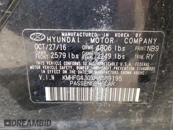 2017 Hyundai Azera with VIN KMHFG4JGXHA589195, listed as a Copart auction lot 68892264 with 66,175 mi miles and Salvage title. Bid and sale history available at DreamBid. Image 13.