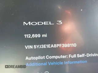 2023 Tesla Model 3 with VIN 5YJ3E1EA8PF398110, listed as a IAAI auction lot 41692006 with 112,699 mi miles and . Bid and sale history available at carsss.com. Image 15.