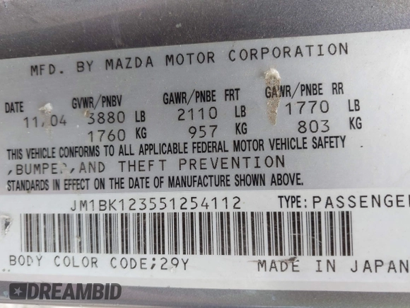 2005 Mazda 3 s with VIN JM1BK123551254112, listed as a IAAI auction lot 42153452 with 258,826 mi miles and . Bid and sale history available at DreamBid. Image 9.